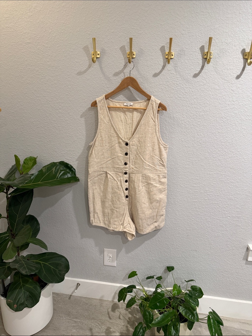 Madewell Cream Button-Front Linen Camisole Romper
